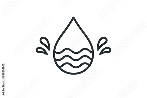 Minimalist line icon depicting a water drop with internal waves and surrounding splashes