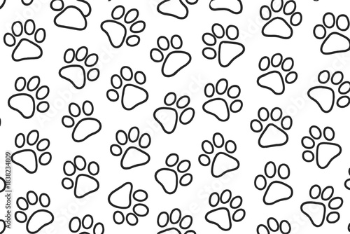 Seamless pattern black outline dog paw prints on white background