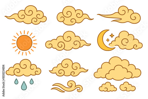 Stylized Asian clouds with sun moon and rain elements for weather design