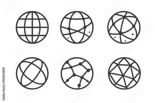 Six globe and network line icons for global communication and digital connection
