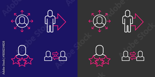 Set line Exchange work, Productive human, Leader of team of executives and Multitasking manager working icon. Vector