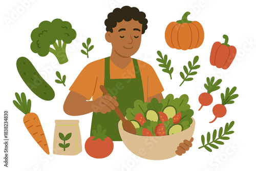 Man preparing fresh salad with surrounding seasonal vegetables and seed packet
