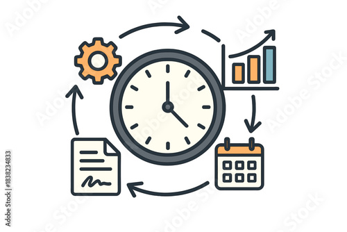 Time management process cycle with clock gear chart and calendar icons