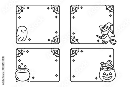 Set of four cute Halloween themed frames with ghost witch cauldron and candy