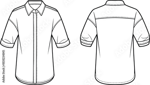 Short sleeve button up shirt technical flat, front and back view, fashion sketch, apparel design template, unisex shirt vector