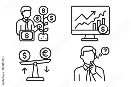 Business finance icons set featuring growth analysis currency exchange and decision making