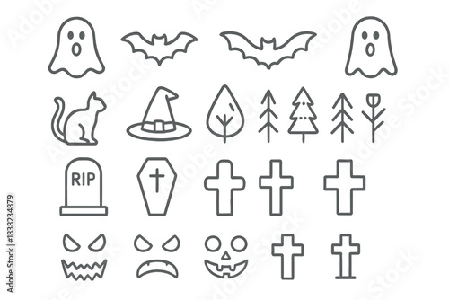 Simple outline icons collection for Halloween and spooky graveyard themes
