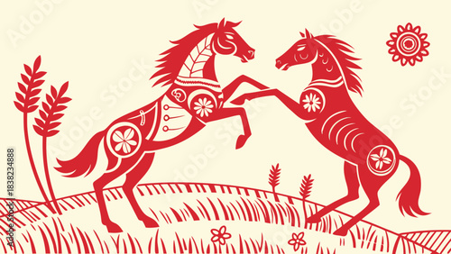 Two stylized red horses standing on a grassy field, showcasing traditional decorative patterns.