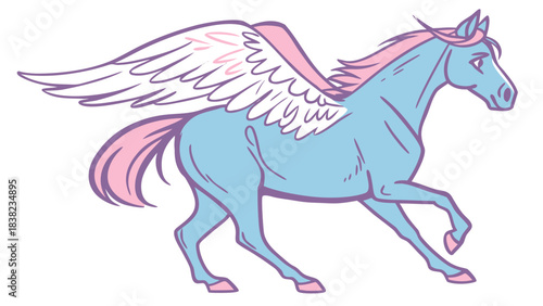 A whimsical blue winged horse with pink mane, trotting gracefully against a white background.
