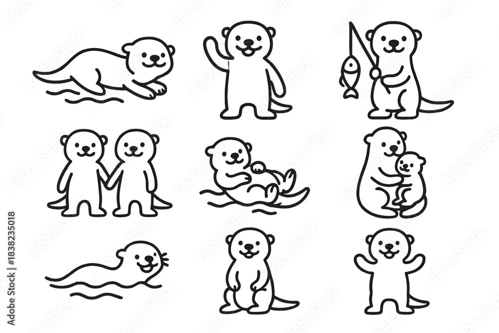 Fototapeta premium Charming set of cute otter icons showing various activities and family interactions