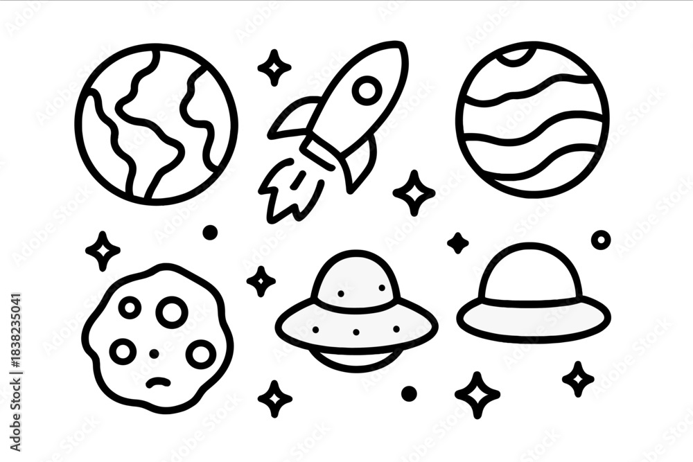Fototapeta premium Set of simple outline icons for space objects like planets, rocket, asteroid, and flying saucers