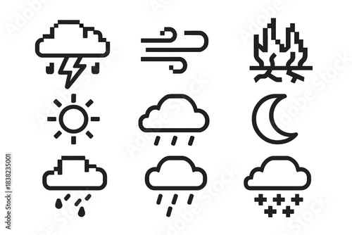 Nine black and white outline weather forecast icons for meteorology apps