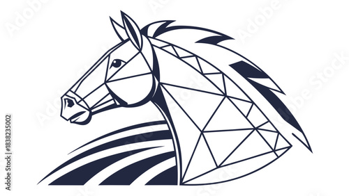 Stylized geometric illustration of a horse's head, showcasing intricate details and strong lines.