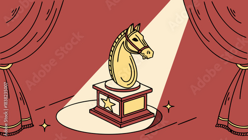 A stylized golden chess knight statue illuminated on a pedestal, surrounded by luxurious red curtains.