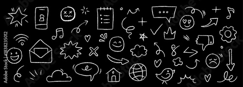 Hand-drawn vector doodle collection of white chalk icons and symbols on a black chalkboard background for social media design