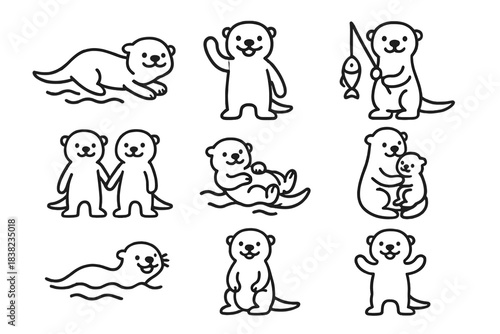 Charming set of cute otter icons showing various activities and family interactions