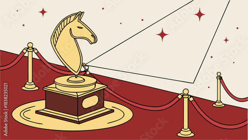 A stylized golden horse head trophy displayed on a red carpet, surrounded by velvet ropes and sparkling stars.