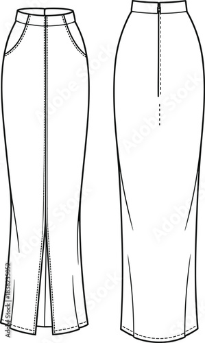 Slim-fit long skirt CAD flat sketch, high waist front slit design, side pockets, technical fashion drawing, sewing pattern template