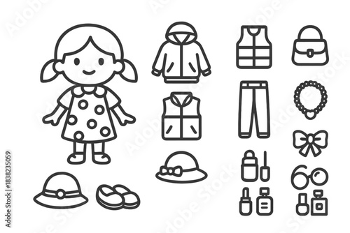 Cheerful young girl character with various fashion apparel and beauty accessories