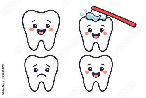 Set of cute cartoon tooth characters showing different emotions and brushing