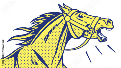 A vibrant yellow illustration of a horse's head, showcasing dynamic lines and expressive details.