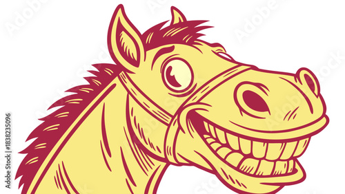 A whimsical cartoon illustration of a smiling horse with exaggerated features.