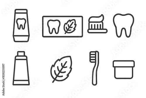Dental hygiene icons set with toothpaste tube toothbrush and mint leaf