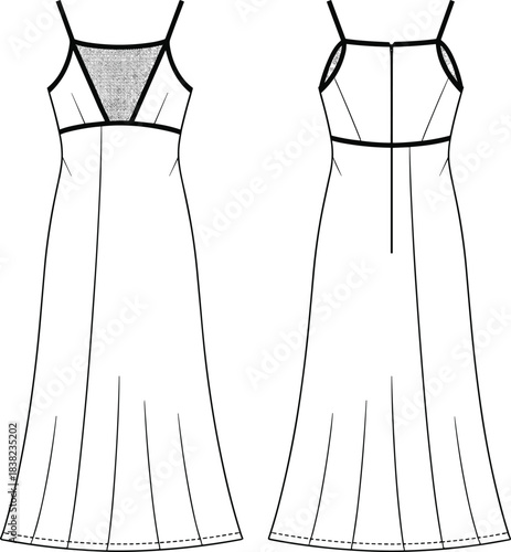 Spaghetti strap dress CAD, mesh insert detail, flared hem design, fashion flat sketch, digital sewing pattern template