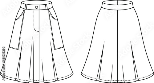 Stylish flared skirt technical flat, fashion design sketch, front and back view, pleated pattern, trendy garment illustration, apparel