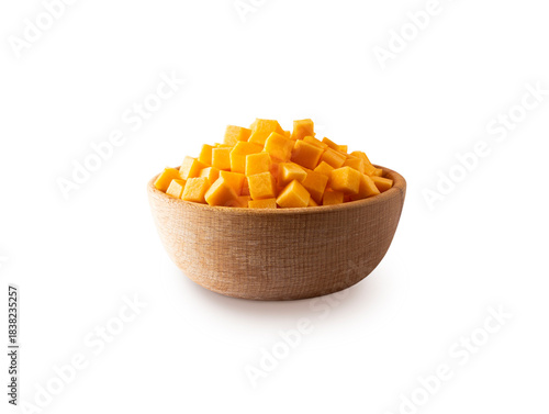 Pieces of butternut squash isolated on a white. Cubed pumpkin in a bowl.