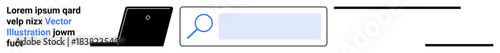 Web design, search functionality, user interface, digital navigation, data exploration, minimalism. Search bar with magnifying glass and abstract elements. Web design and search functionality concept