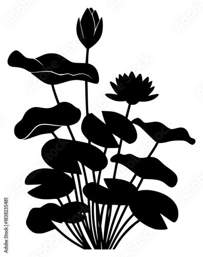 A black and white silhouette of a bouquet of leaves and flowers, black, flower, icon, illustration, lotus, plant, profile, stem, water lily, against transparent background