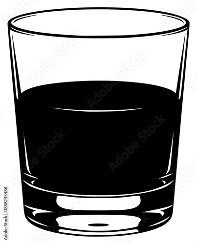 A glass of dark liquid on a , alcohol, beverage, black, cup, drink, illustration, juice, liquid, profile, shot glass, whiskey, against transparent background