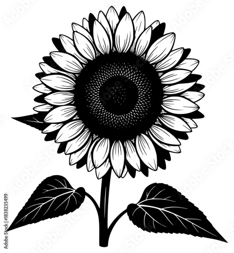 A black and white illustration of a sunflower with leaves, black, flower, illustration, profile, stem, sunflower, white, against transparent background