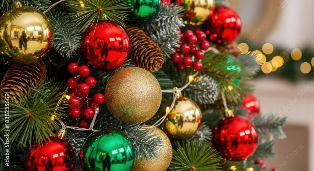 Fototapeta premium Christmas tree decorated with festive ornaments and lights