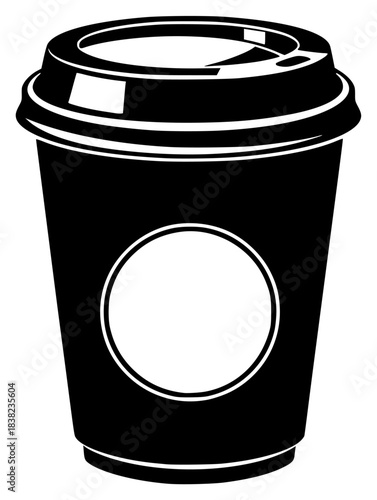 A black and white coffee cup with a lid and a circular cutout, beverage, black, coffee, coffee cup, cup, icon, illustration, lid, paper cup, profile, against transparent background