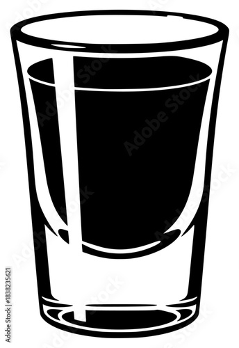 A black and white silhouette of a shot glass, alcohol, beverage, black, cup, drink, illustration, juice, liquid, milk, shot glass, against transparent background