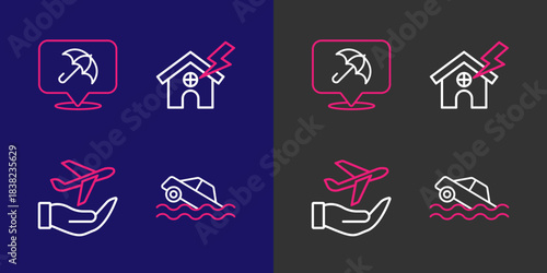 Set line Flood car, Plane in hand, House lightning and Umbrella icon. Vector