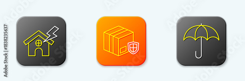 Set line House and lightning, Delivery security with shield and Umbrella icon. Vector