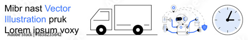 Logistics, delivery systems, automation, time management, supply chain, technology. A truck, automation symbols and a clock icon. Logistics and delivery systems concept