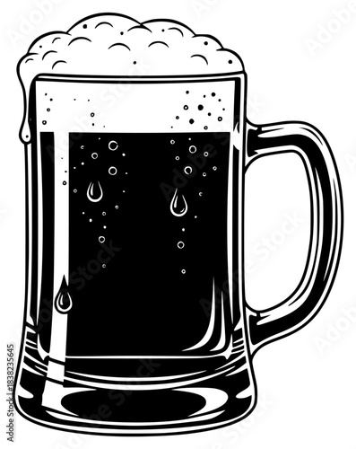 A black and white illustration of a beer mug filled with frothy beer, alcohol, beer, beverage, black, bubble, cup, foam, illustration, liquid, mug, against transparent background