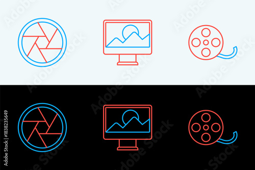 Set line Film reel, Camera shutter and Photo retouching icon. Vector