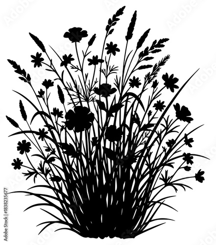 A black and white silhouette of a bouquet of flowers and grass, black, daisy, flower, grass, illustration, plant, profile, reed, weed, white, wild, wildflower, against transparent background