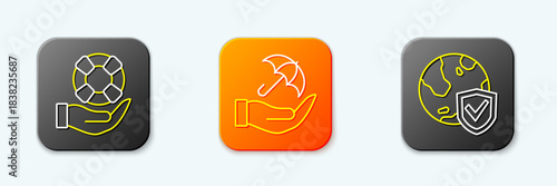 Set line Lifebuoy in hand, Umbrella and Shield with world globe icon. Vector