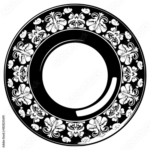 A black and white floral patterned plate with the letter 'o', black, circle, decorate, design, flower, illustration, ornament, oval, pattern, plate, saucer, white, against transparent background
