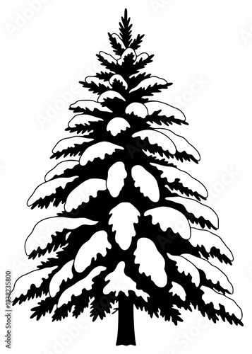 A black and white silhouette of a pine tree covered in snow, black, blanket, evergreen, fir tree, illustration, pine, profile, snow, spruce, tree, white, against transparent background
