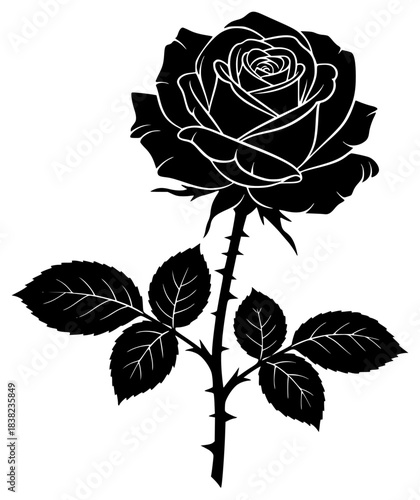 A black and white silhouette of a rose with leaves, black, bud, flower, illustration, profile, rose, stem, white, against transparent background