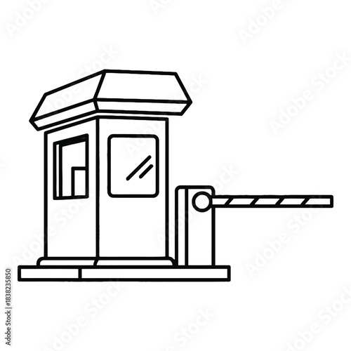 Simple black and white illustration of a security guard booth with barrier