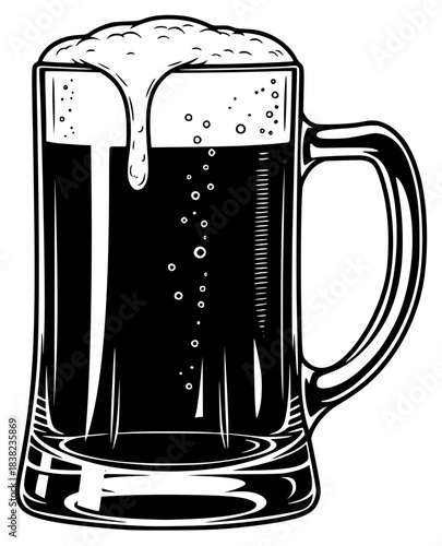 A black and white illustration of a beer mug filled with dark beer, alcohol, beer, beer glass, beverage, black, bubble, cup, foam, illustration, liquid, mug, against transparent background