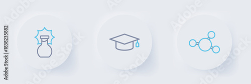 Set line Molecule, Graduation cap and Explosion in the flask icon. Vector